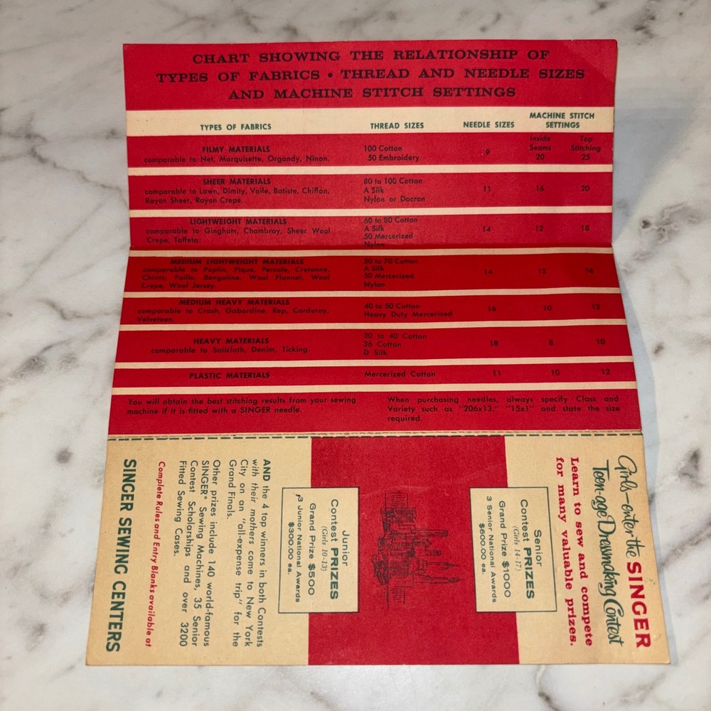 Vintage 1958 Singer Sewing Machine Thread Needle & Stitch Chart Reference Guide